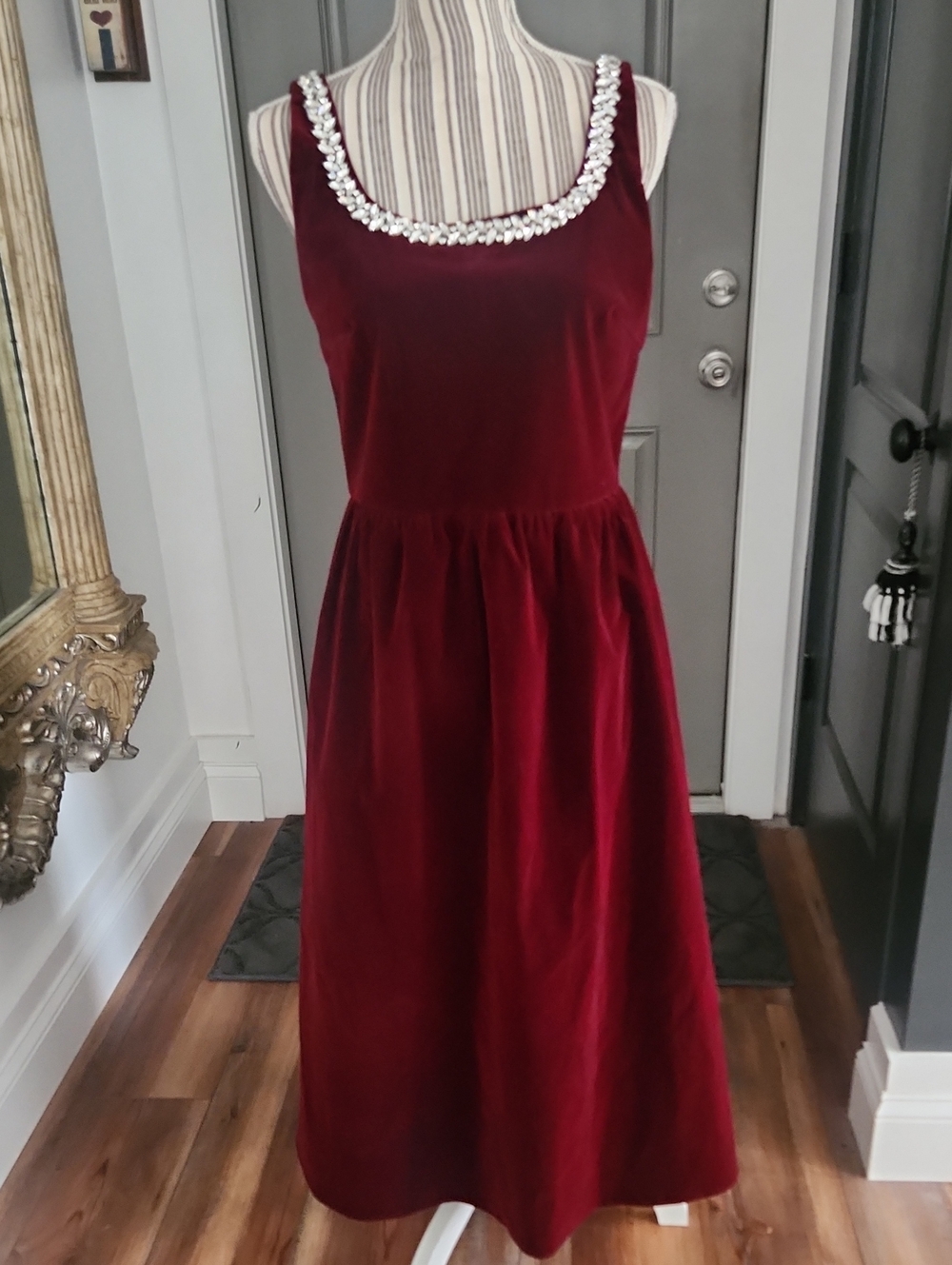 Cider Burgundy Velvet Midi Dress with Jeweled Neckline